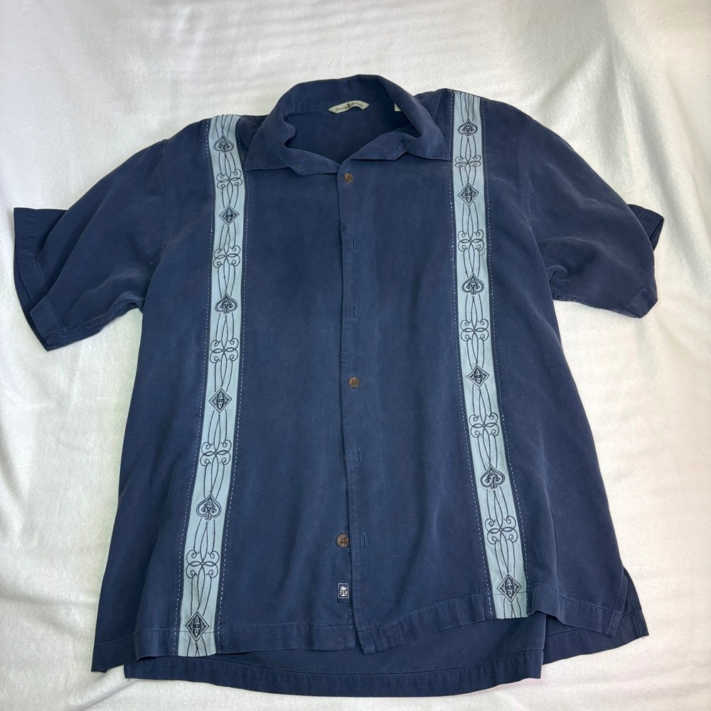 Tommy Bahama Mens Large Silk Camp Shirt Navy Blue Embroidered Panel Spade Logo
